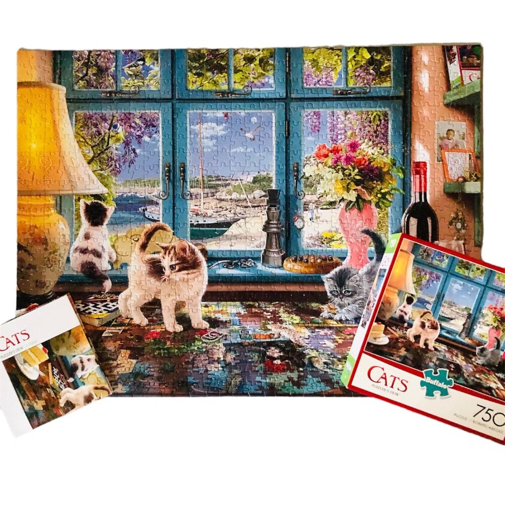 COMPLETE Puzzlers Desk Cats 750 Pc Puzzle Buffalo Games Kitten Cottage